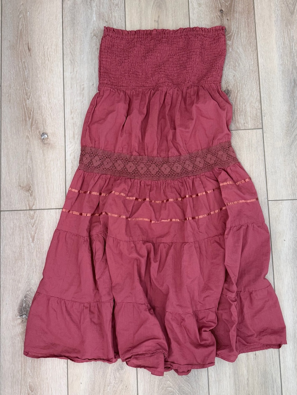 Strapless Smocked Tiered Maxi Dress Size S Boho Dusty Rose